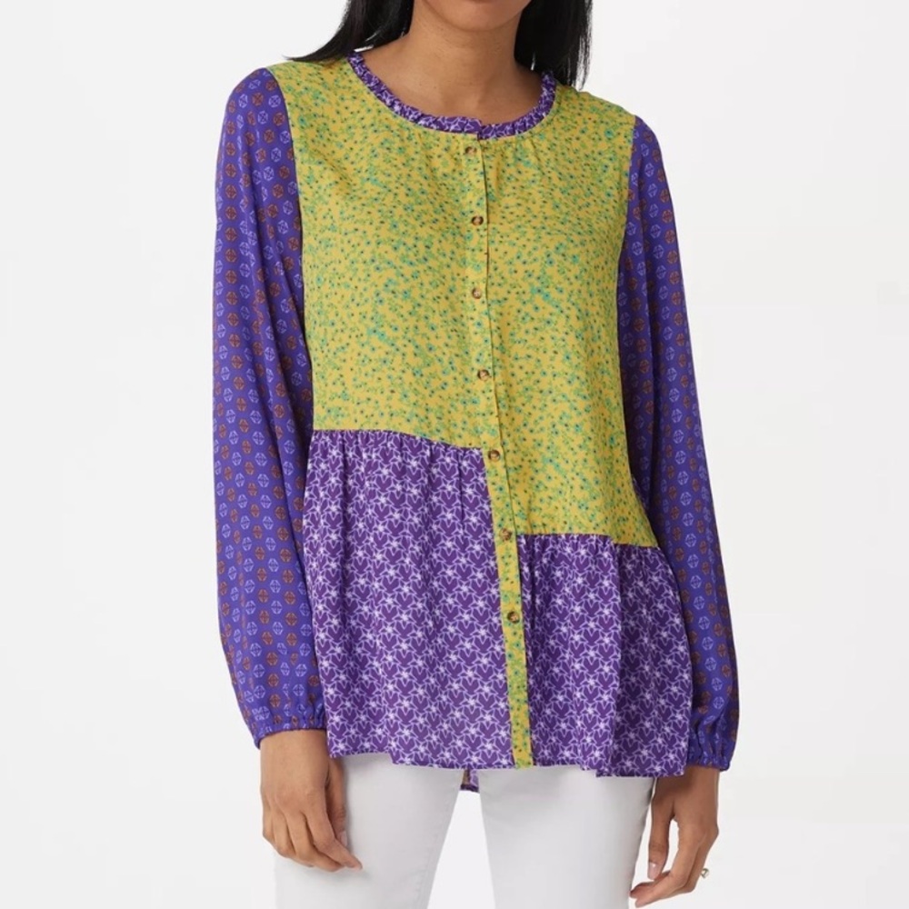 LOGO Lori Goldstein Purple Yellow Floral Patchwork Button Up Long Sleeve Blouse